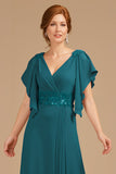 Grape V-Neck Appliqued Long Mother of the Bride Dress with Ruffles