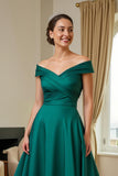 Dark Green A Line Satin Off The Shoulder Long Mother of the Bride Dress