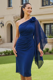 Navy Bodycon One Shoulder Midi Mother of the Bride Dress with Sleeves