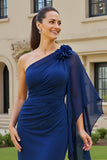 Navy Bodycon One Shoulder Midi Mother of the Bride Dress with Sleeves