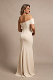 Apricot Satin Mermaid Ruched Long Mother of the Bride Dress with Ruffles