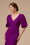 Grape Satin Mermaid V-Neck Long Mother of the Bride Dress with Sleeves