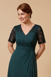 Pine Chiffon V-Neck Long Mother of the Bride Dress with Sleeves