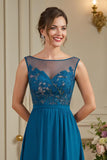 Peacock Blue A Line Long Mother of the Bride Dress with Appliques