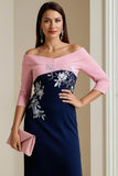 Navy Satin Bodycon Midi Mother of the Bride Dress with Appliques