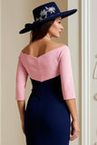 Navy Satin Bodycon Midi Mother of the Bride Dress with Appliques