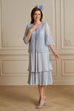 Silver 2 Piece Midi Mother of the Bride Dress with Sleeves