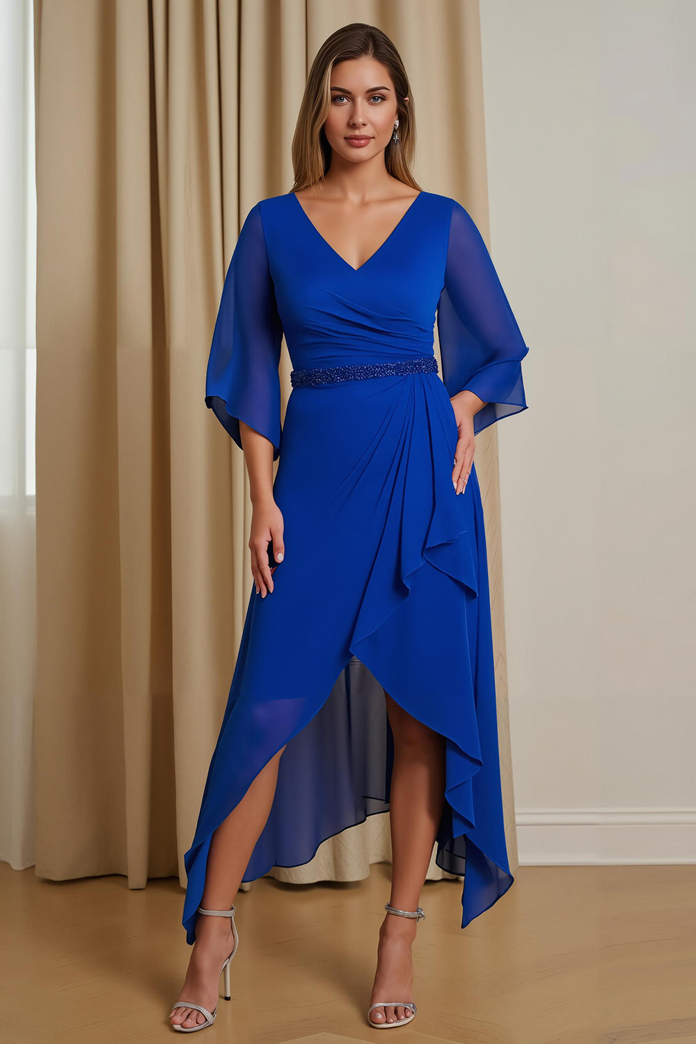 ZAPAKA Women A-Line Royal Blue Mother of the Bride Dress V-Neck 3/4 Sleeve Chiffon Evening Dress With Ruffles, Royal Blue / US18W