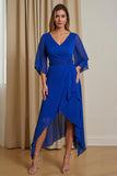 Royal Blue A Line V-Neck Asymmetrical Mother of the Bride Dress with Sleeves