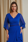 Royal Blue A Line V-Neck Asymmetrical Mother of the Bride Dress with Sleeves