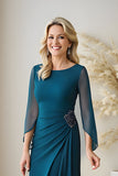 Peacock Blue Chiffon Sheath Boat Neck Long Mother of the Bride Dress with Beading