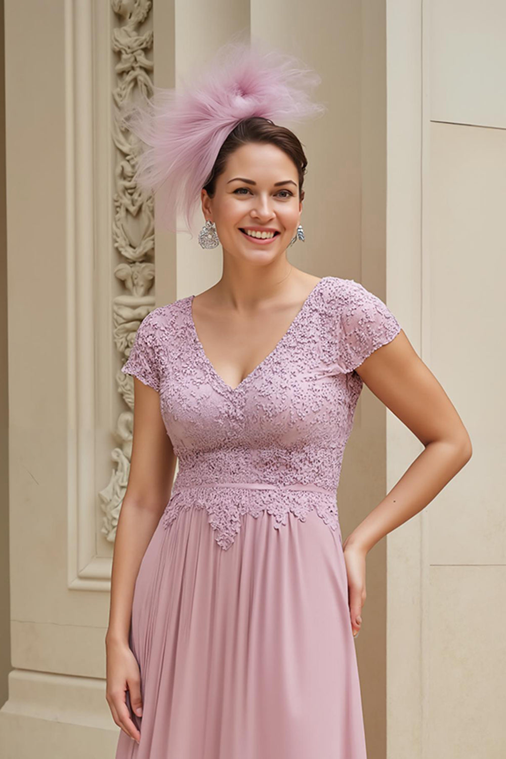 Dusty Rose Chiffon V-Neck Long Mother of the Bride Dress with Lace