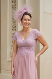 Dusty Rose Chiffon V-Neck Long Mother of the Bride Dress with Lace