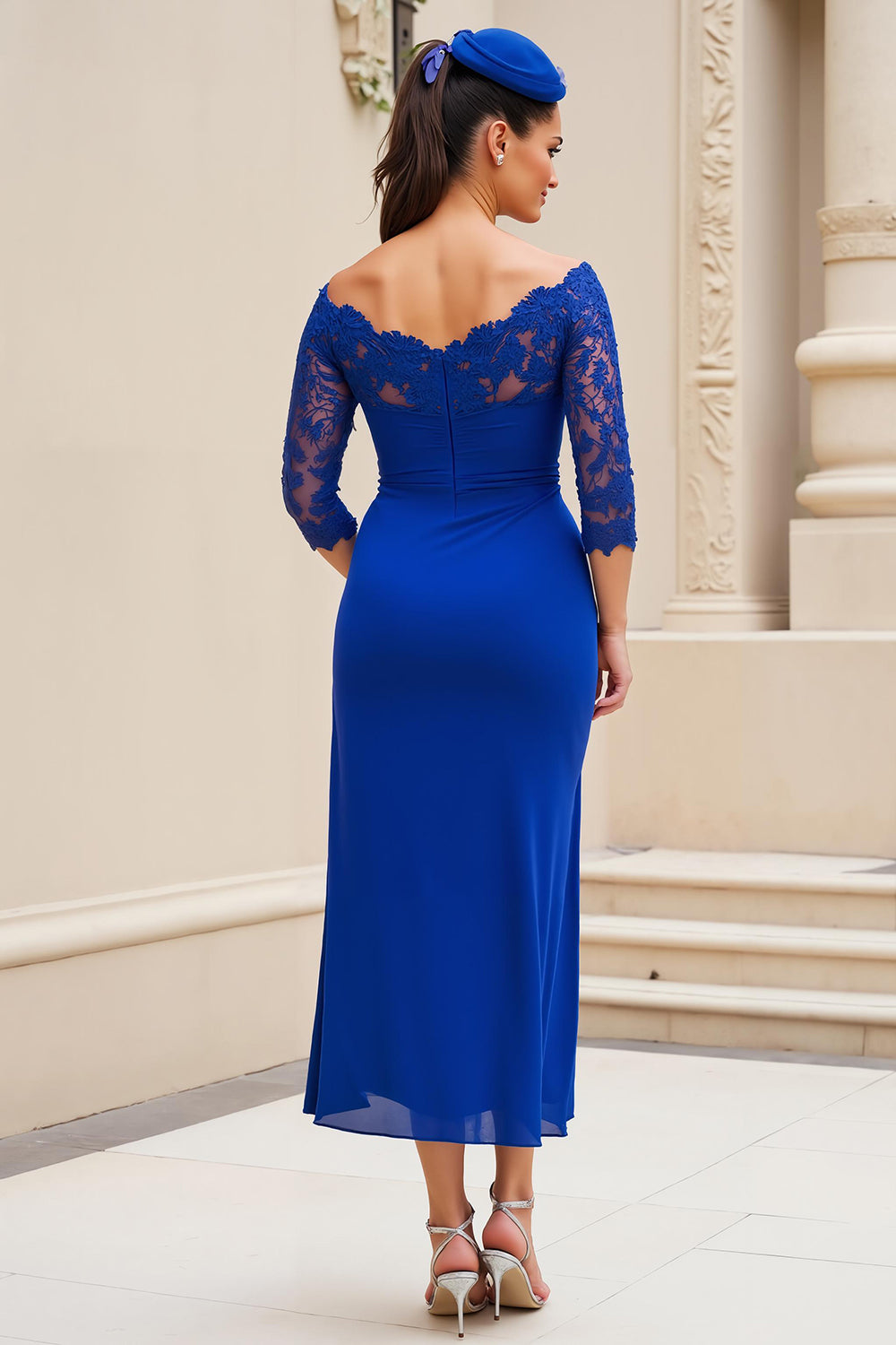 Zapakasa Women Royal Blue Sheath Midi Mother of the Bride Dress with Sleeves Ruched Off The Shoulder Wedding Guest Dress with Slit Zapakasa Women Royal Blue Sheath Midi Mother of the Bride Dress with Sleeves Ruched Off The Shoulder Wedding Guest Dress with Slit