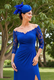 Royal Blue Ruched Midi Mother of the Bride Dress with Sleeves