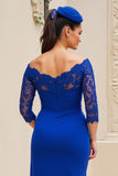Royal Blue Ruched Midi Mother of the Bride Dress with Sleeves