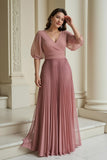 Dusty Rose Chiffon Pleated Long Mother of the Bride Dress with Sleeves