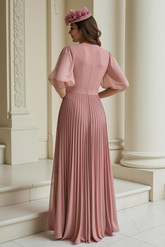 Dusty Rose Chiffon Pleated Long Mother of the Bride Dress with Sleeves