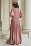 Dusty Rose Chiffon Pleated Long Mother of the Bride Dress with Sleeves