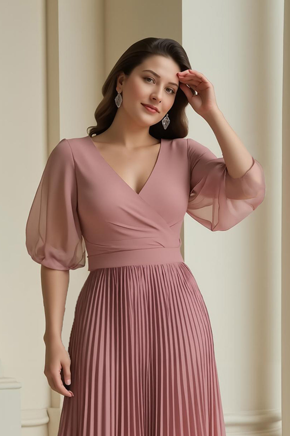 Dusty Rose Chiffon Pleated Long Mother of the Bride Dress with Sleeves