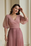 Dusty Rose Chiffon Pleated Long Mother of the Bride Dress with Sleeves