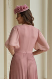 Dusty Rose Chiffon Pleated Long Mother of the Bride Dress with Sleeves