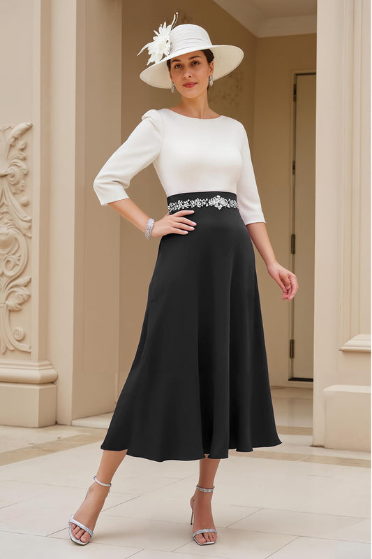 Black A Line Chiffon Boat Neck Midi Mother of the Bride Dress with Sleeves