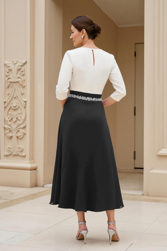 Black A Line Chiffon Boat Neck Midi Mother of the Bride Dress with Sleeves