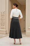 Black A Line Chiffon Boat Neck Midi Mother of the Bride Dress with Sleeves