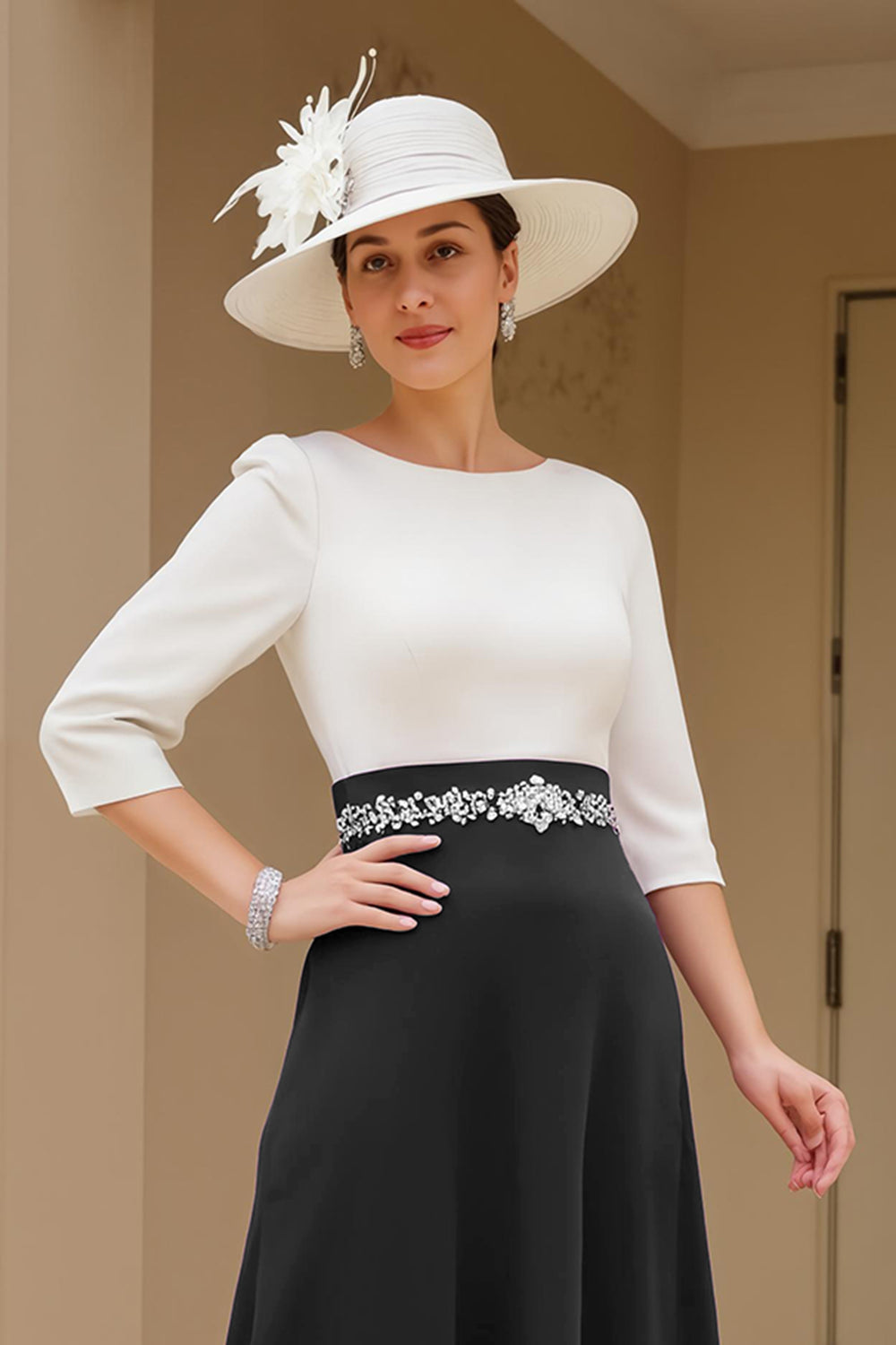 Black A Line Chiffon Boat Neck Midi Mother of the Bride Dress with Sleeves