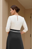 Black A Line Chiffon Boat Neck Midi Mother of the Bride Dress with Sleeves