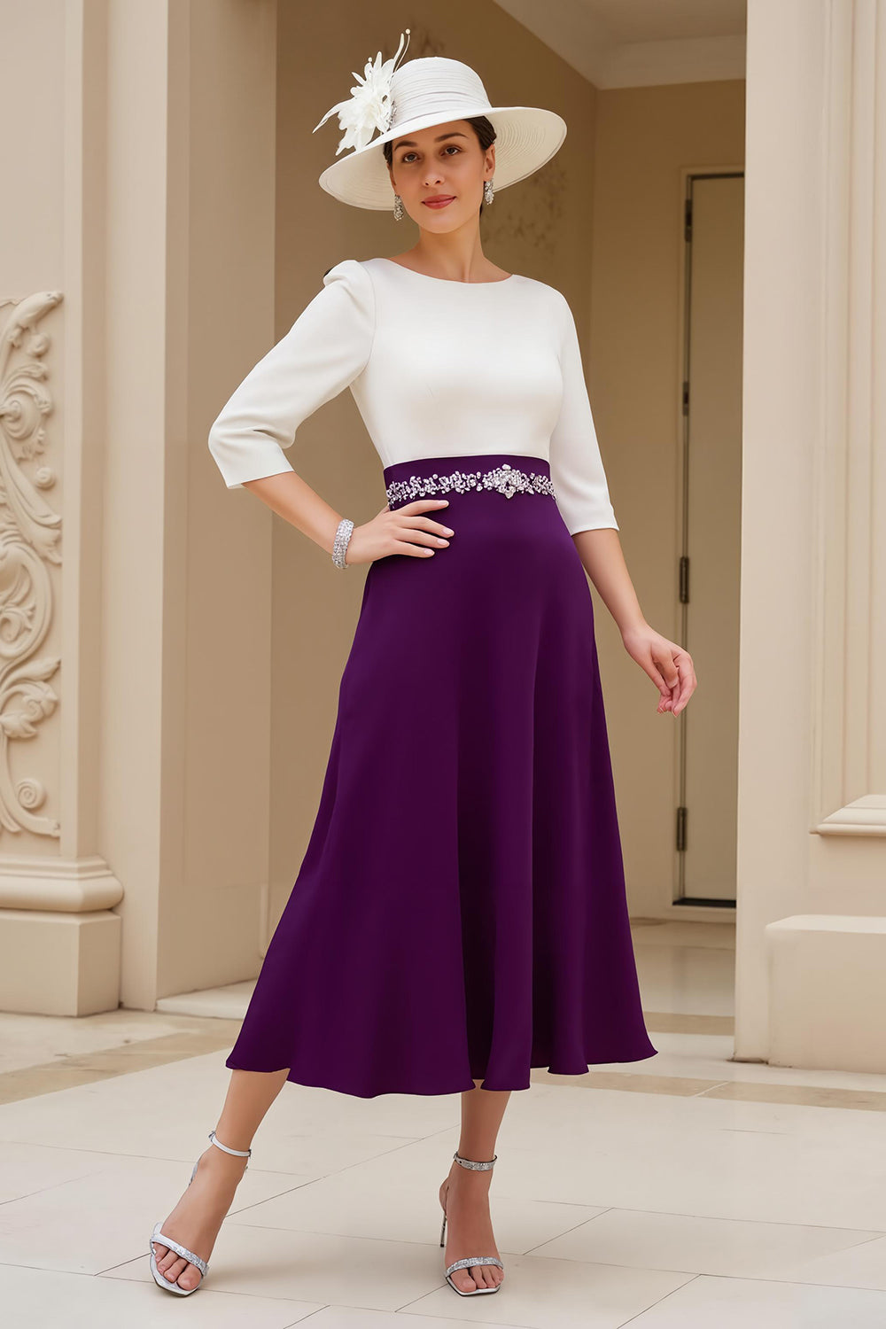 Black A Line Chiffon Boat Neck Midi Mother of the Bride Dress with Sleeves