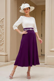 Black A Line Chiffon Boat Neck Midi Mother of the Bride Dress with Sleeves
