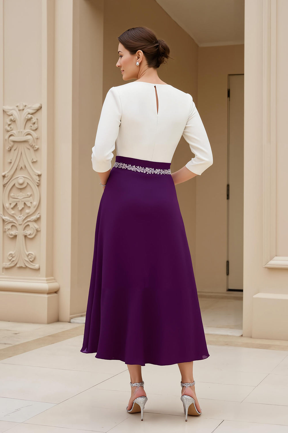Black A Line Chiffon Boat Neck Midi Mother of the Bride Dress with Sleeves