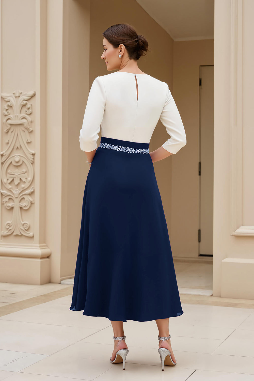 Black A Line Chiffon Boat Neck Midi Mother of the Bride Dress with Sleeves