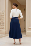Black A Line Chiffon Boat Neck Midi Mother of the Bride Dress with Sleeves