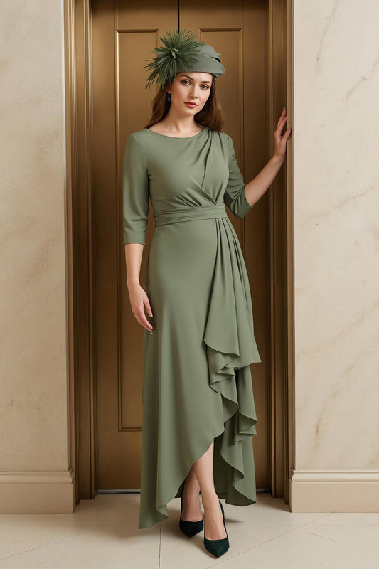 Olive Round Neck Asymmetrical Mother of the Bride Dress with Sleeves