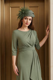 Olive Round Neck Asymmetrical Mother of the Bride Dress with Sleeves