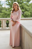 Candy Pink Sheath Chiffon Round Neck Long Mother of the Bride Dress with Sleeves