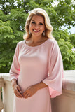 Candy Pink Sheath Chiffon Round Neck Long Mother of the Bride Dress with Sleeves
