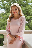 Candy Pink Sheath Chiffon Round Neck Long Mother of the Bride Dress with Sleeves