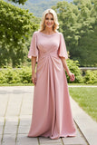 Blush Sheath Ruched Long Mother of the Bride Dress with Lace