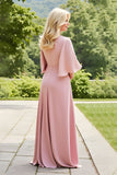 Blush Sheath Ruched Long Mother of the Bride Dress with Lace