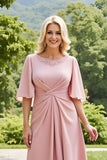 Blush Sheath Ruched Long Mother of the Bride Dress with Lace