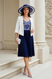Navy 2 Piece A Line Chiffon Pleated Midi Mother of the Bride Dress with Sleeves