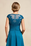 Peacock Blue A Line Chiffon Asymmetrical Mother of the Bride Dress with Lace