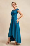 Peacock Blue A Line Chiffon Asymmetrical Mother of the Bride Dress with Lace