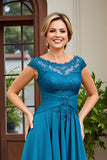 Peacock Blue A Line Chiffon Asymmetrical Mother of the Bride Dress with Lace
