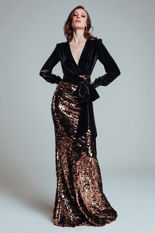Sparkly Black and Coffee Sequins Sheath Long Holiday Party Dress with Bow