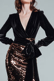 Sparkly Black and Coffee Sequins Sheath Long Holiday Party Dress with Bow